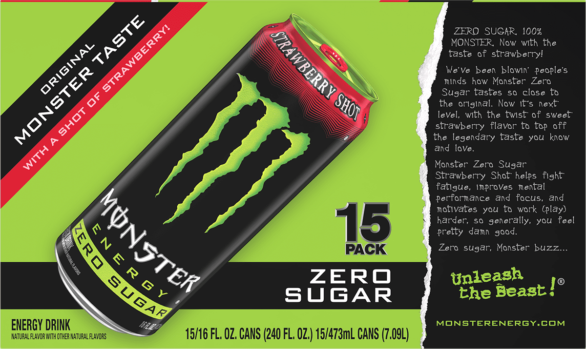 Monster Energy Zero Sugar, Strawberry Shot, Energy Drink, 15 Pack - 16 Fl Oz