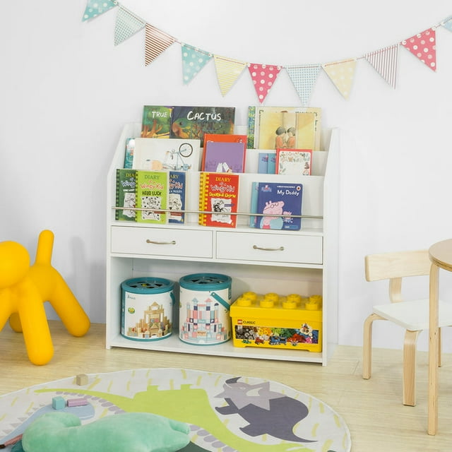SoBuy KMB39-W, Children Kids Bookcase Book Shelf with 3 Shelves 2 Drawers, Storage Display Rack Organizer Holder Toy Storage