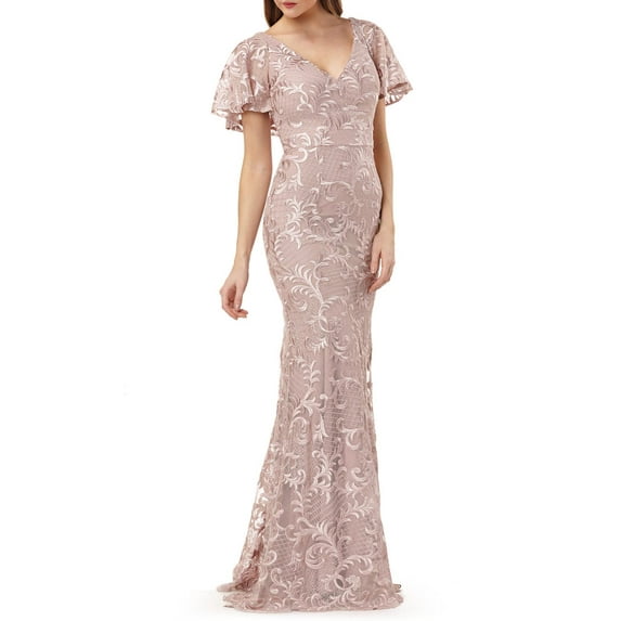 Carmen Marc Valvo Infusion DUSTY ROSE Embroidered Flutter Sleeve Gown, US 12