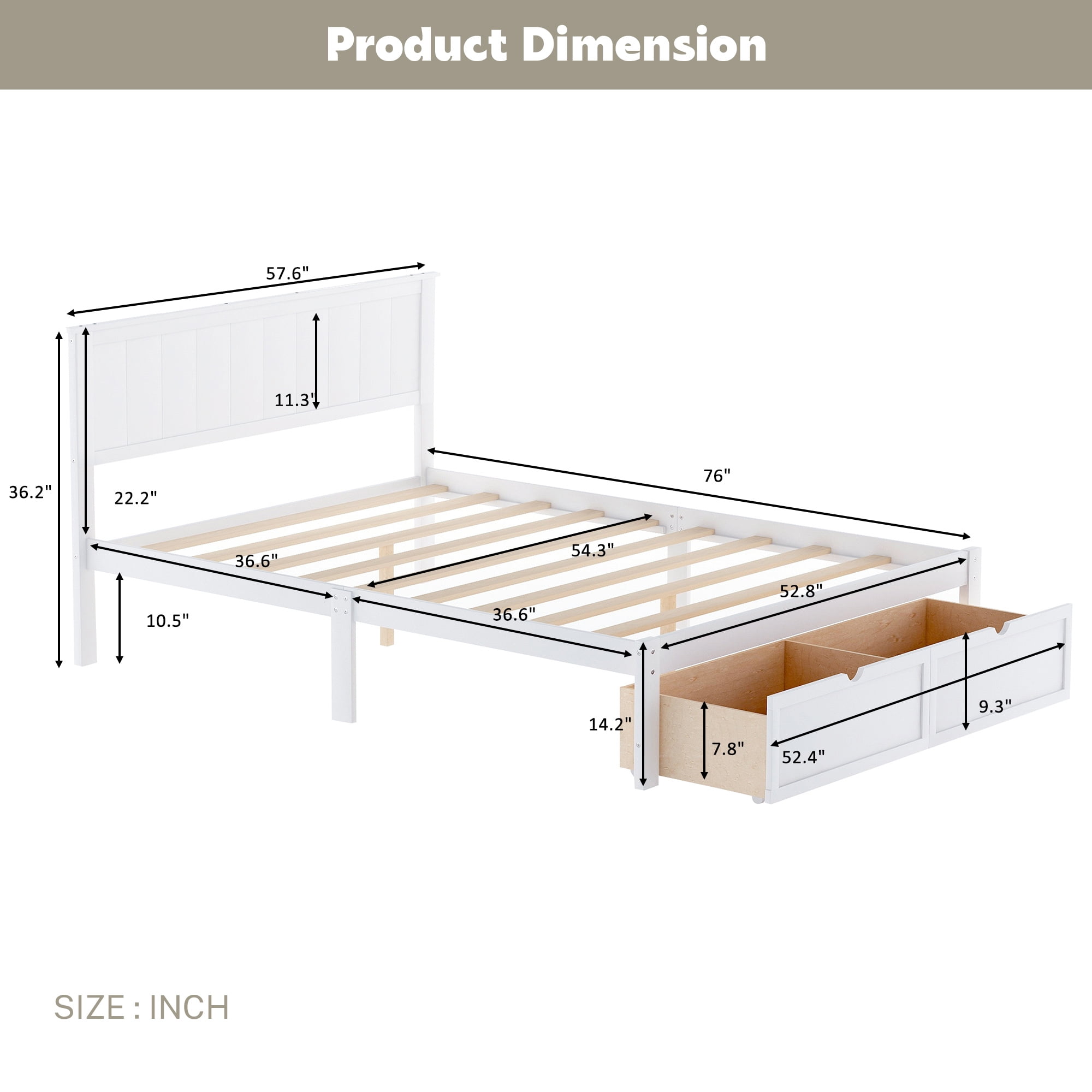PAPROOS Full Bed with Storage, Heavy Duty Wood Platform Bed Frame with Headboard and Under-bed Drawers, Space Saving, Modern Full Size Bed Frame, No Box Spring Needed, White