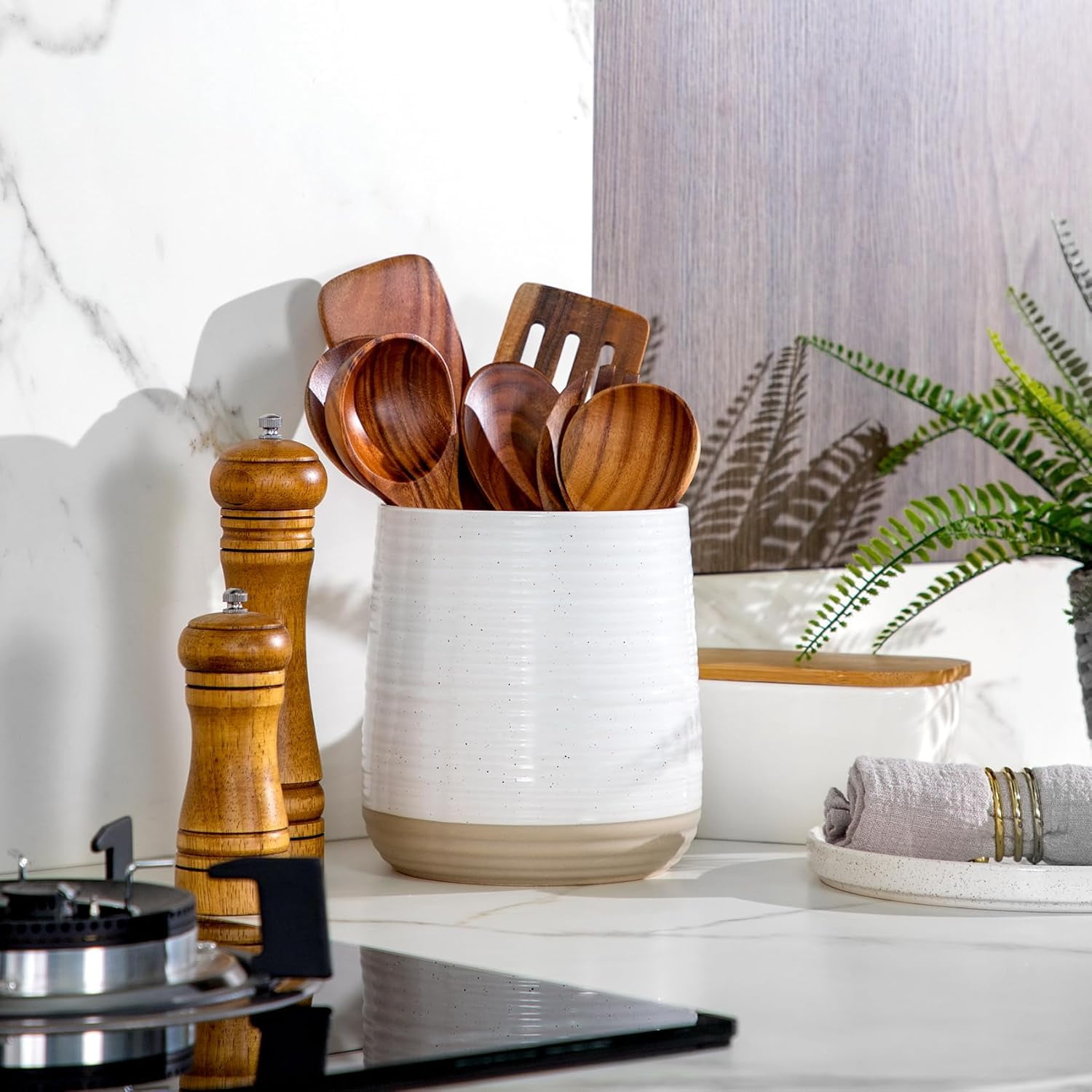 6.8" Large Ceramic Kitchen Utensil Holder - Utensil Holder for Kitchen Counter, Modern Farmhouse Style Holder for Spoons, Spatulas & Cooking Tools (White)