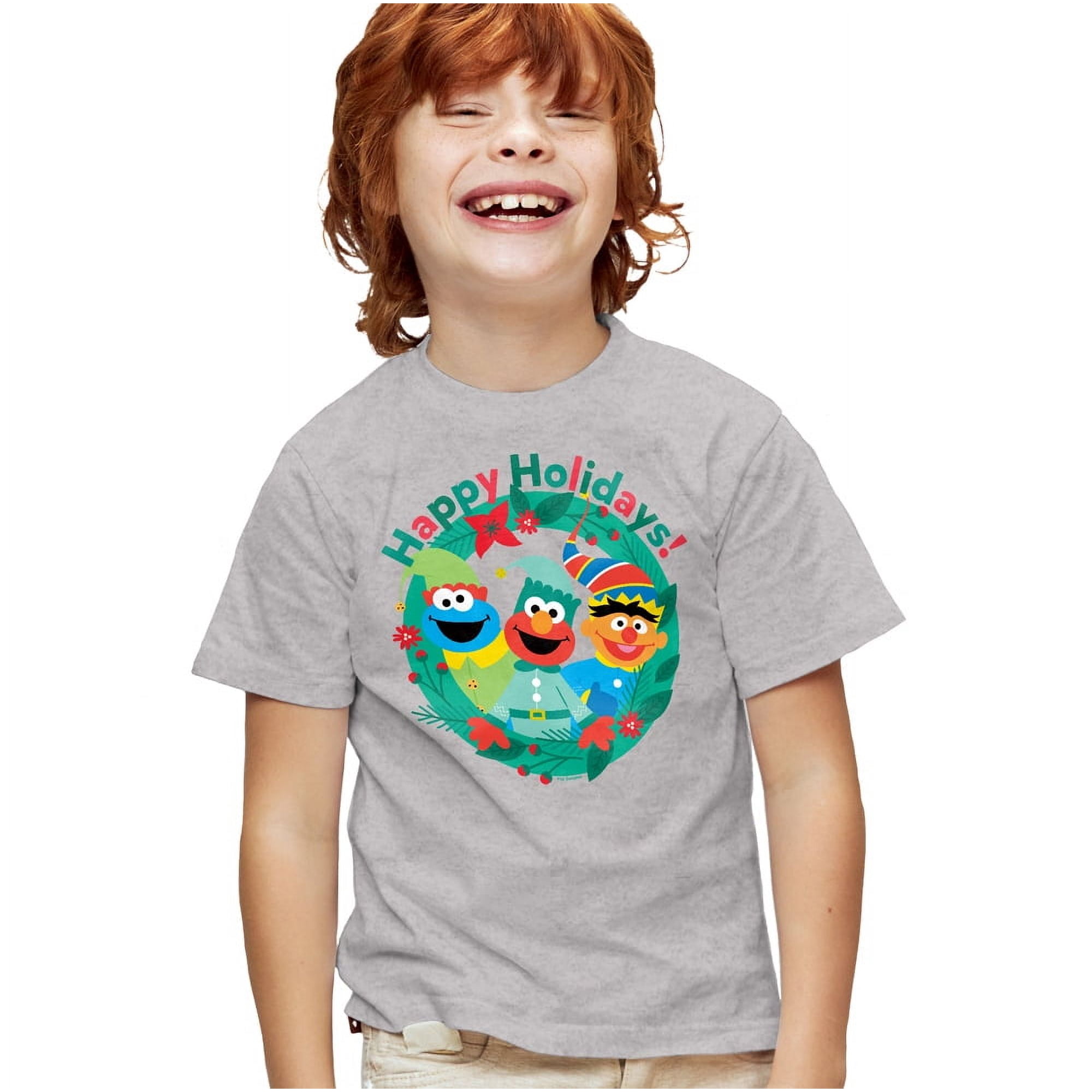 Sesame Street Happy Holiday Christmas Elves Kids T Shirt for Youth Boys and Girls, Athletic Heather, Large