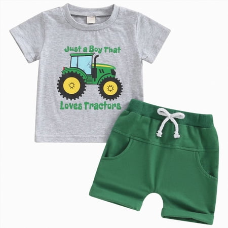 Nwiuh Toddler Baby Boys Summer Tractor Print Short Sleeve T Shirt and Elastic Shorts Cute Farm Outfit Set Green for Size 2-3 Years