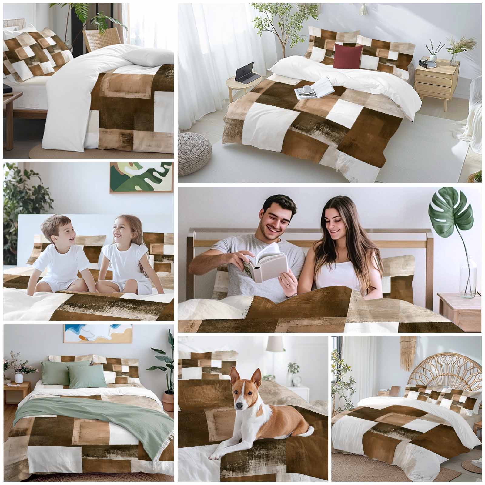 Brown Abstract Duvet Cover Set Full Size Modern Rustic Geometric Color Block Plaid Soft Lightweight Comforter Covers 4 Piece Bedding Set with 1 Duvet Cover 1 Bed Sheet & 2 Pillow Shams