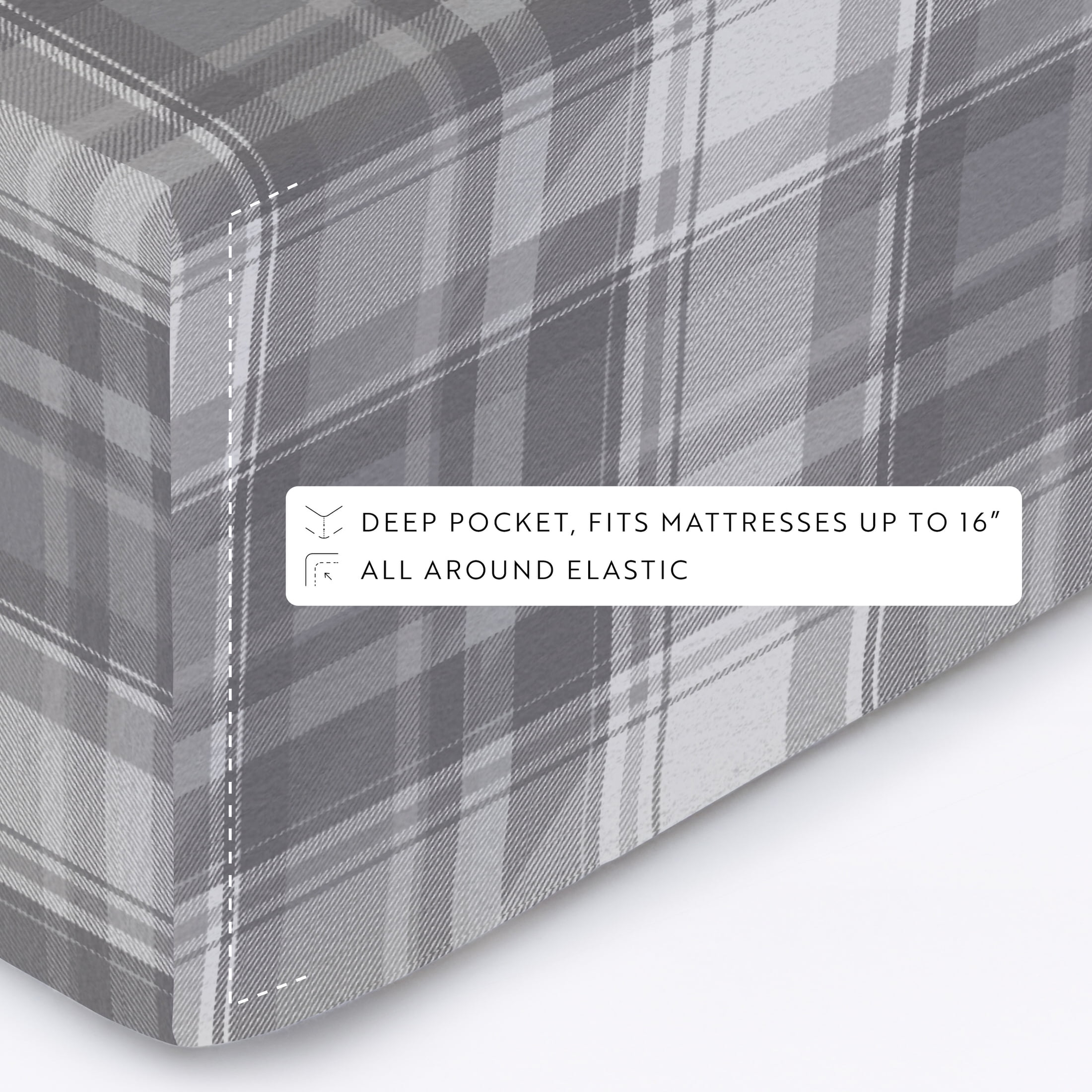 Light Grey Plaid 4 Piece 100% Cotton Flannel Deep Pocket Sheet Set, Twin, by Noble Linens