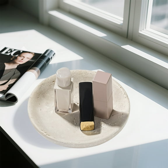 HOONGKAI 5.5" Round Jewelry Organizer , Cream White Turkish Marble Jewelry Tray for Vanity, Bathroom , Home Decor