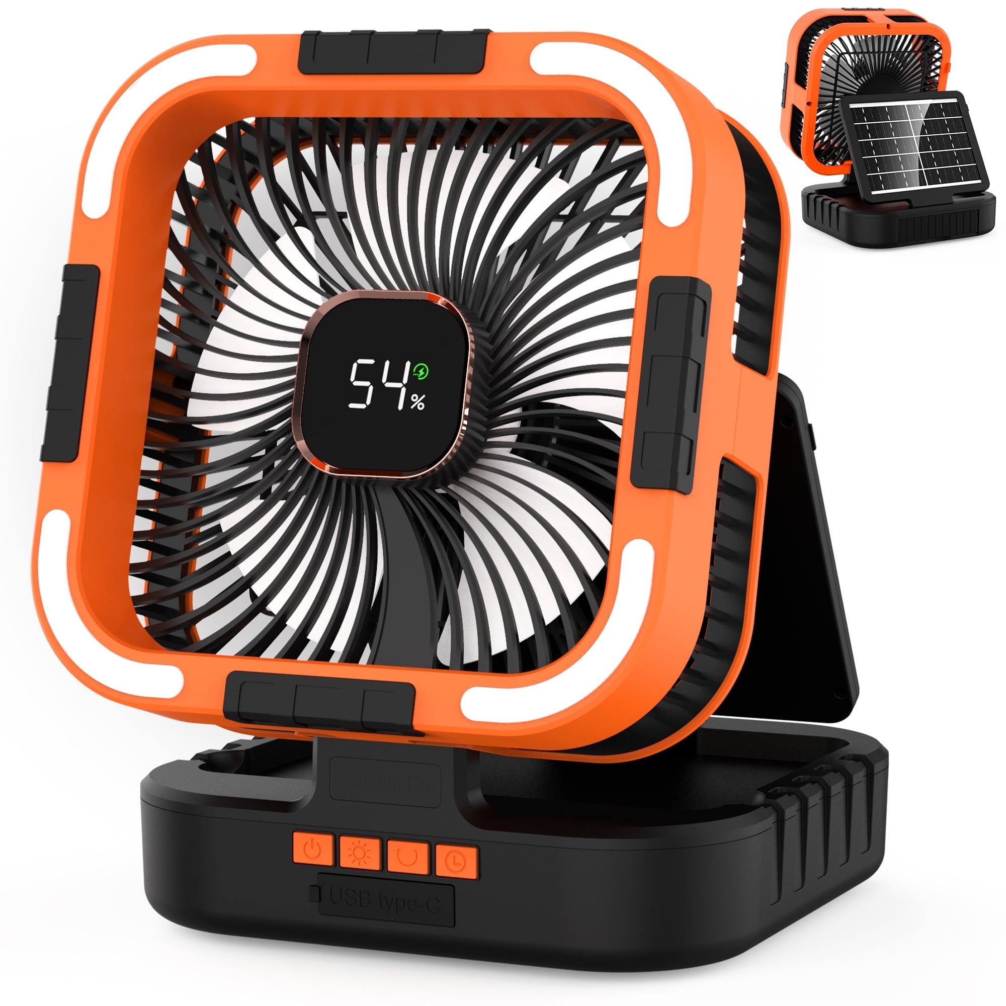 Solar Fan, 10000mAh Rechargeable Camping Fan Battery Portable Fans with LED Light, 6 Speeds Powerful Wind and 6H Timer Oscillating Tent Fan for Picnic, Fishing