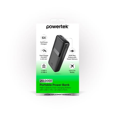 LIQUIPEL POWERTEK 20,000MAH PORTABLE CHARGER PD POWER BANK WITH USB-C – BLACK