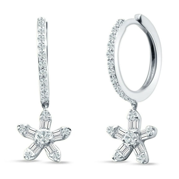 Dangle Floral Hoop Earrings CZ 925 Sterling Silver 22mm