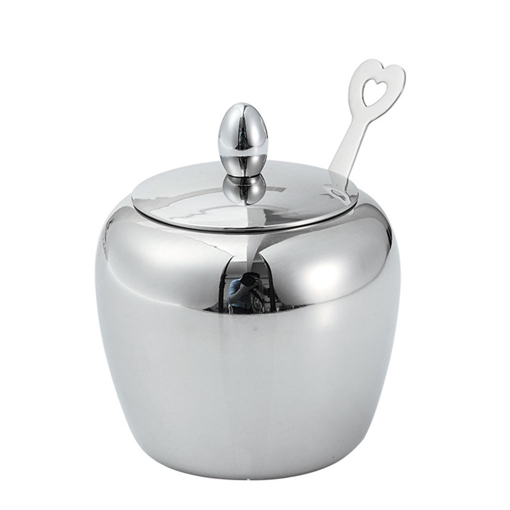 Sugar Bowl Stainless Steel With Lid And Spoon Seasoning Jar Kitchen Utensils Box coloursilver