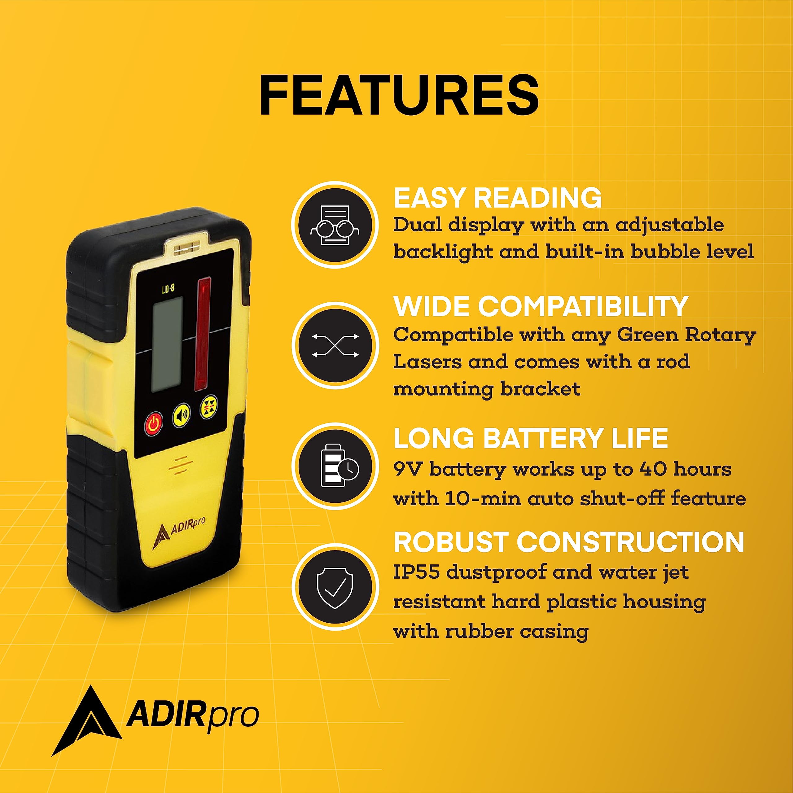AdirPro Universal Rotary Laser Detector (LD-8) - Digital Rotary Laser Receiver with Dual Display and Built-In Bubble Level, Compatible with All Red Rotary Lasers - Includes Rod Clamp