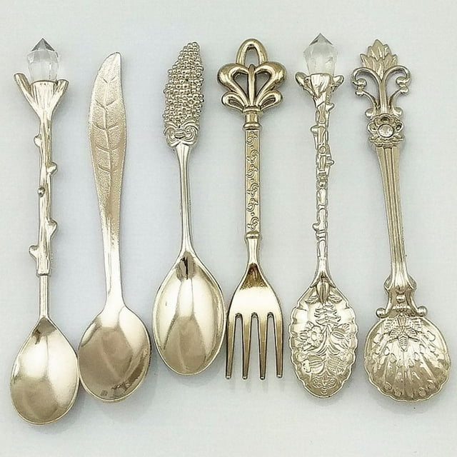 Kitchen 6pcs Bronze Carved Eco-Friendly Small Tea Coffee Spoons Food Fork Mixing Scoop