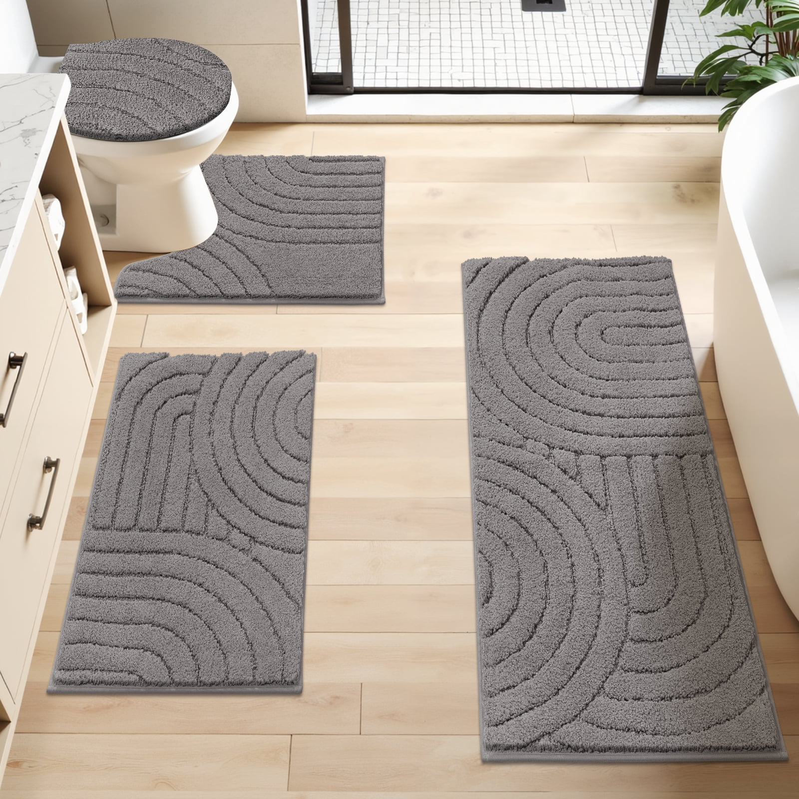 Ileading Bathroom Rugs Sets 4 Piece with Toilet Lid Cover, Non Slip Bathroom Mats Extra Soft Bath Rugs Absorbent Shaggy Rugs Perfect Plush Mats
