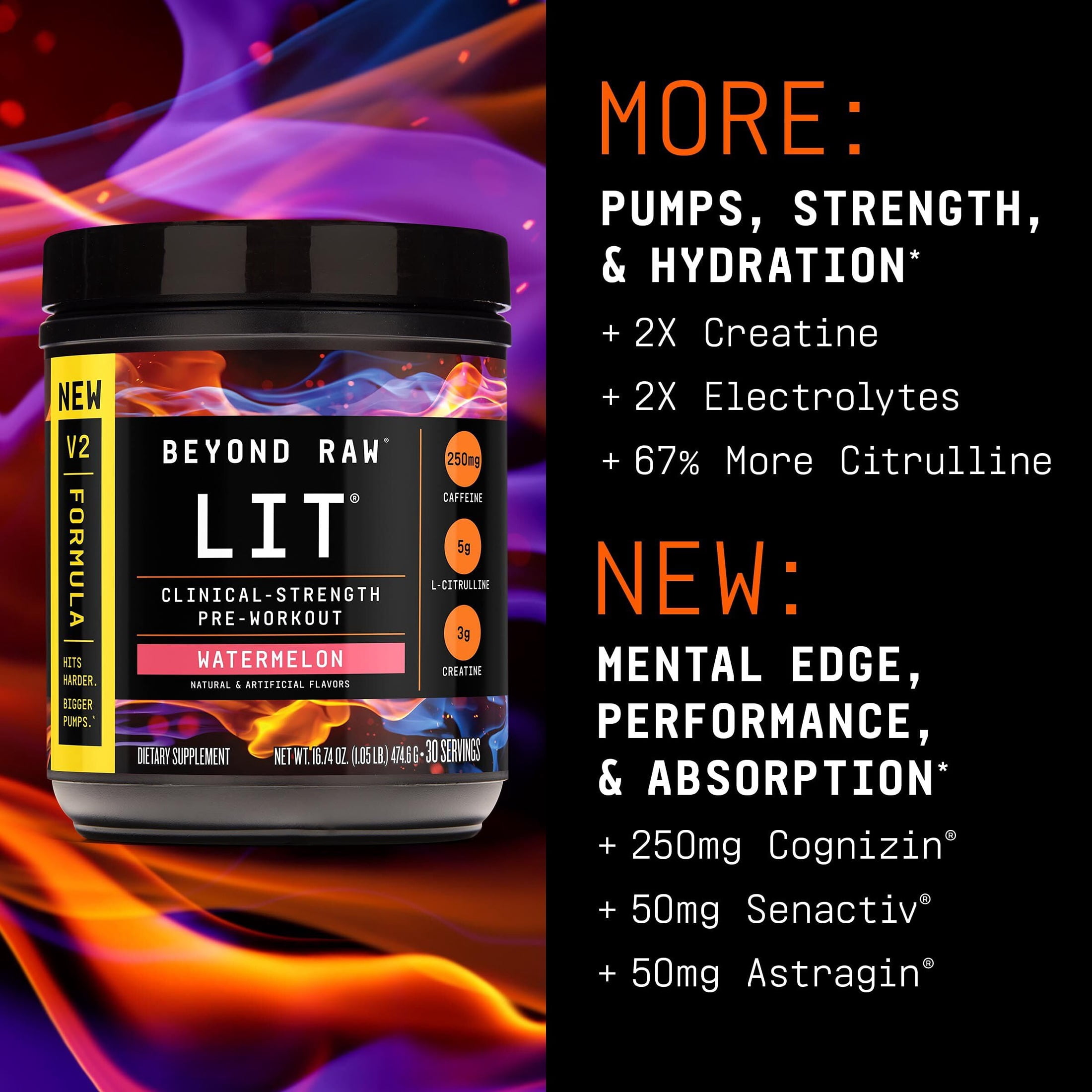 BEYOND RAW LIT V2 Clinical Strength Pre Workout Powder, Hits Harder, Bigger Pumps, Caffeine, L-Citrulline, Creatine, Watermelon, 30 Servings