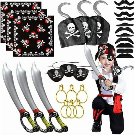 Pirate Costume, Pirate Role Play Dress Up with Pirate Captain Bandana, Pirate Eye Patch, Pirate Sword, Pirate Hook Earrings, Moustache, Pirate Accessories for Halloween, Pirate Party Costume Prop