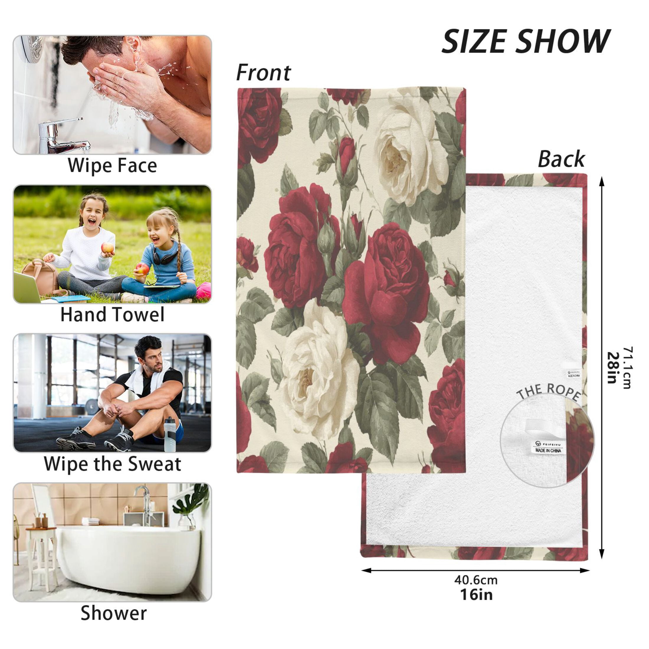 2 Pcs Absorbent Face Towel Bath Hand Towels Soft Breathable Cotton Towel Set for Bathroom Kitchen Hotel Spa Decor Red and White Roses