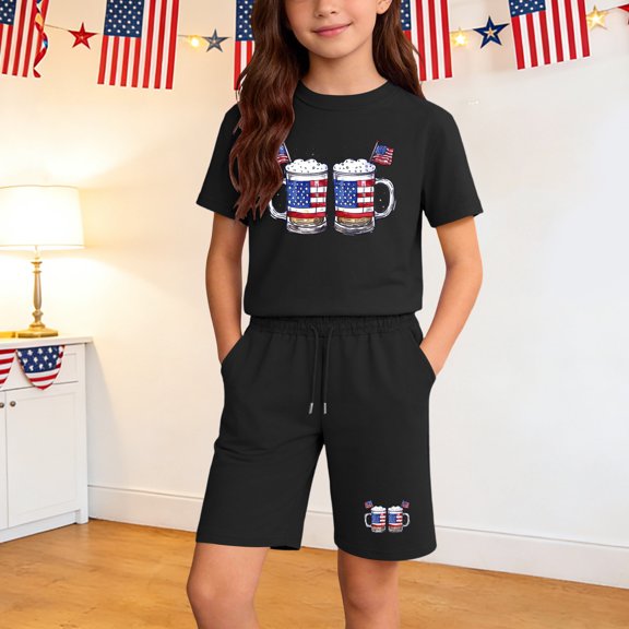DJDLJWCJ Girls Outfit Sets Girls Crewneck T Shirts and Elastic Waist Summer Shorts Cute Clothing Sets Black Size 6