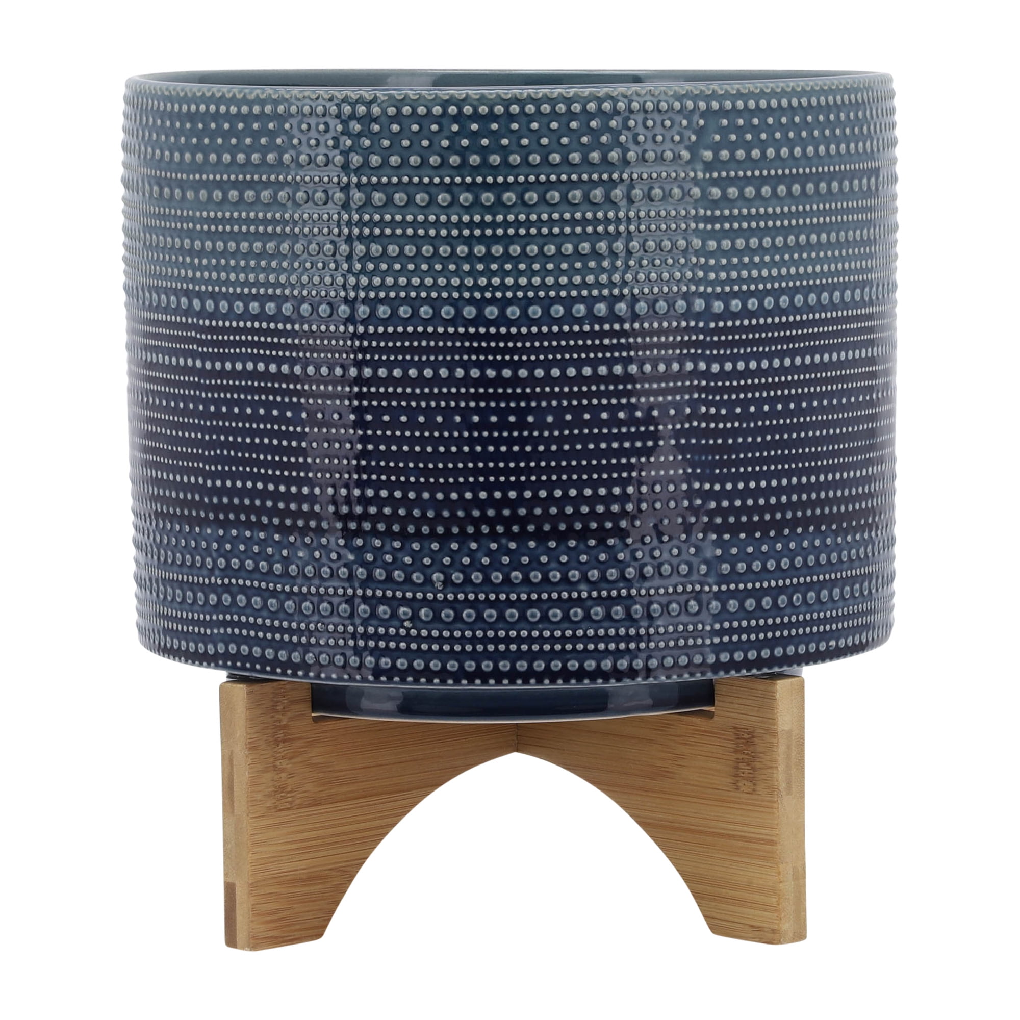 Cylindrical Dotted Flower Pots with Bamboo Stand for Home Decor - Planter for Indoor and Outdoor Plants - Decorative Plant Pots Ceramic Planter for Garden Style Spaces - 11", Blue