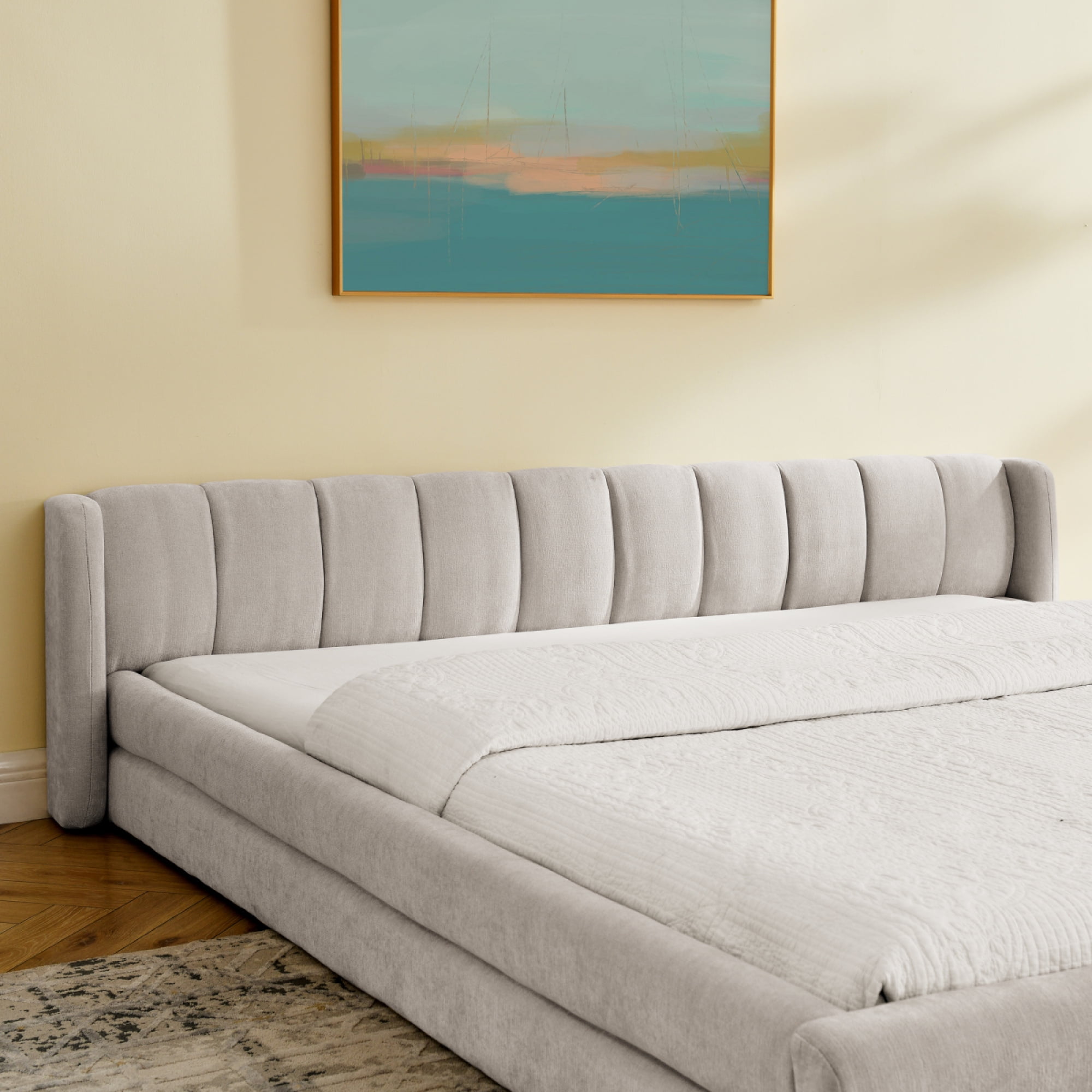 King Size Chenille Upholstered Bed Frame - Thick Fabric Headboard, Comfortable Solid Bed Foundation,Beige