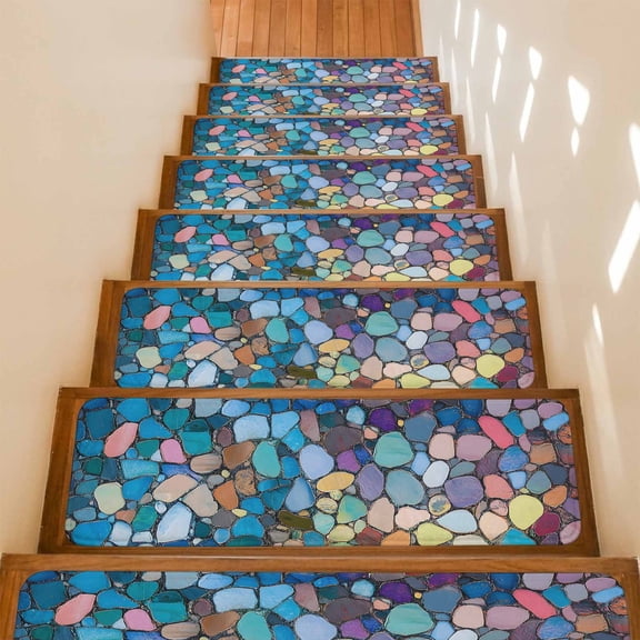 Stair Treads Non Slip Indoor for Wooden Steps, Colorful Stone 10 Pcs Stair Mats for Kids Elders Dogs, 8 x 30 Inch Rainbow Abstract Oil Painting Brushwork Carpet Treads Runner Rugs for Staircase