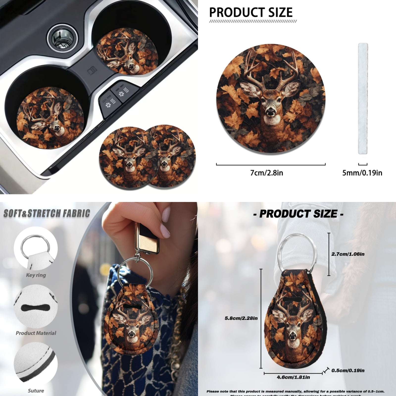 Yuyamidu 12 PCS Deer Car Seat Covers Set Camo Hunting Steering Wheel Cover Seat Belt Covers Coasters Keychain Wristlet Strap Keyring Chapstick Sleeve