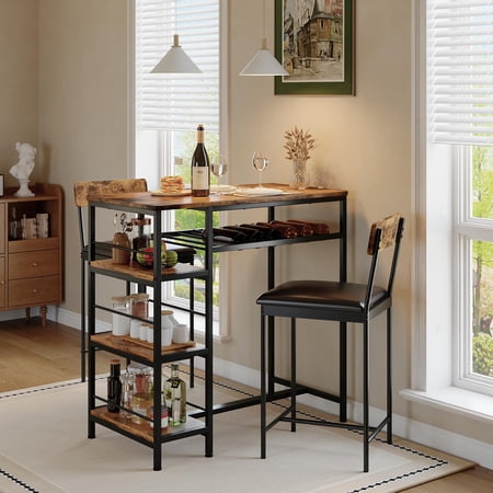 Modern Dining Table Set Kitchen Breakfast Nook Furniture Organizer Square Wooden Dinette With Metal Frame Chairs And Built In Storage Rack Contemporary Style Natural Wood 3 Piece Set