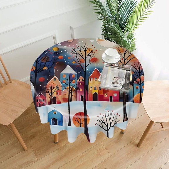 RKSupls 60 Inch Round Tablecloth, Colorful Winter Town Art Premium Polyester Straight Edge Wrinkle Resistant Washable Table Cover for Party Home Dining Decor