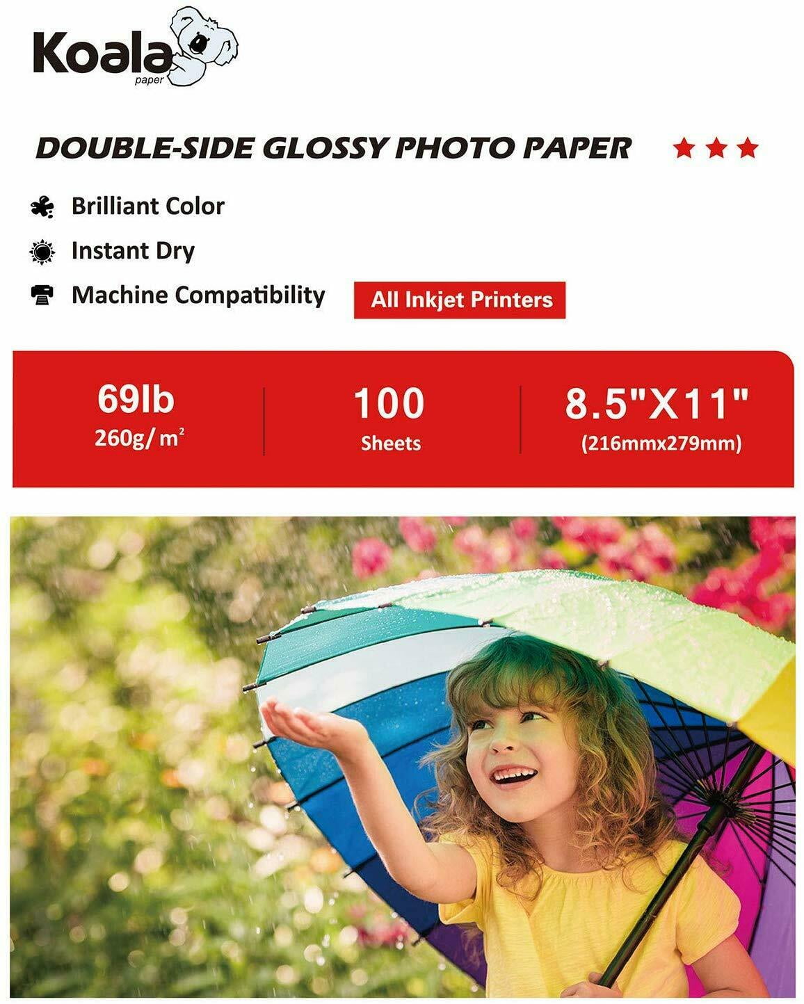 Koala Inkjet Photo Paper 8.5x11 Double Sided Glossy 100 Sheets 260gsm 69lb Thick Heavyweight Printer Photo Paper , DIYGreeting Cards, Book Covers, etc