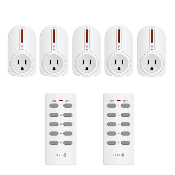 JTD ® 5 Pack Remote Control Outlet Switch 2nd Generation Energy Saving Auto-programmable Wireless Electrical Plug Switch for Household Appliances Lighting & Electrical Equipment (2 Remotes)