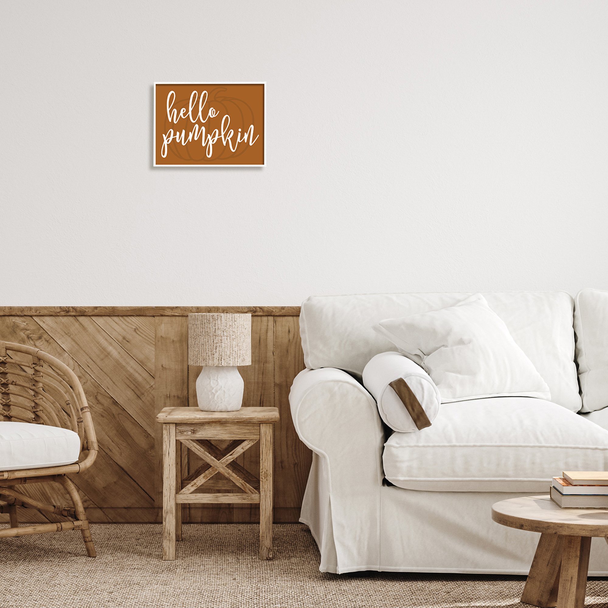 Hello Pumpkin Motif Romantic Autumn Script Phrase Inspirational Graphic Art Framed Art Print Wall Art