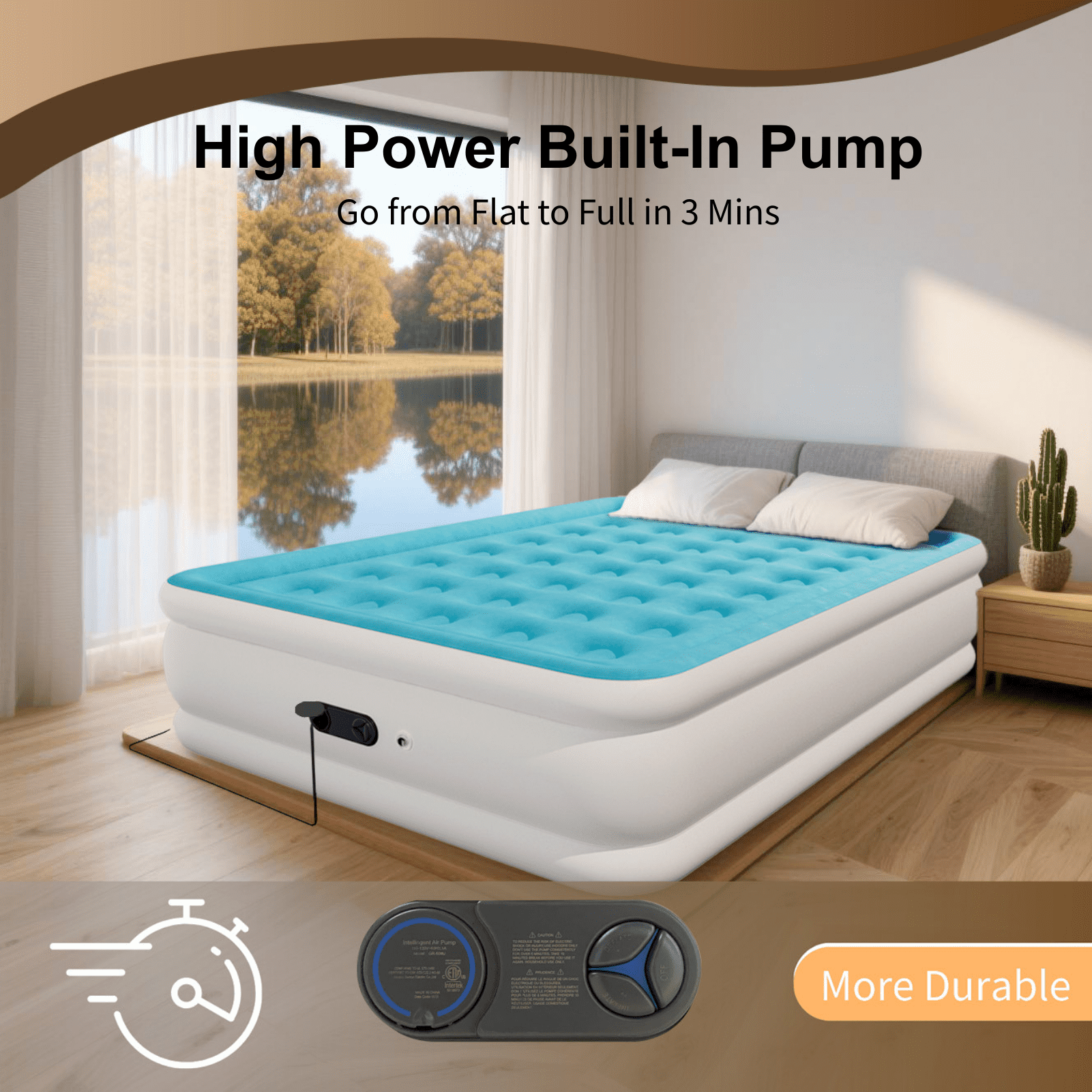 Full Air Mattress with Built-in Pump - 18" Extra Thick Inflatable Bed for Camping & Home,Light Blue,3-Min Self Inflating with Carrying Bag.