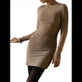 thumbnail image 3 of Vestido Corto Ajustado Básico de Punto de Larga para Mujer, de Otoño, para Fiesta, Cóctel o Noche Caqui S, 3 of 8