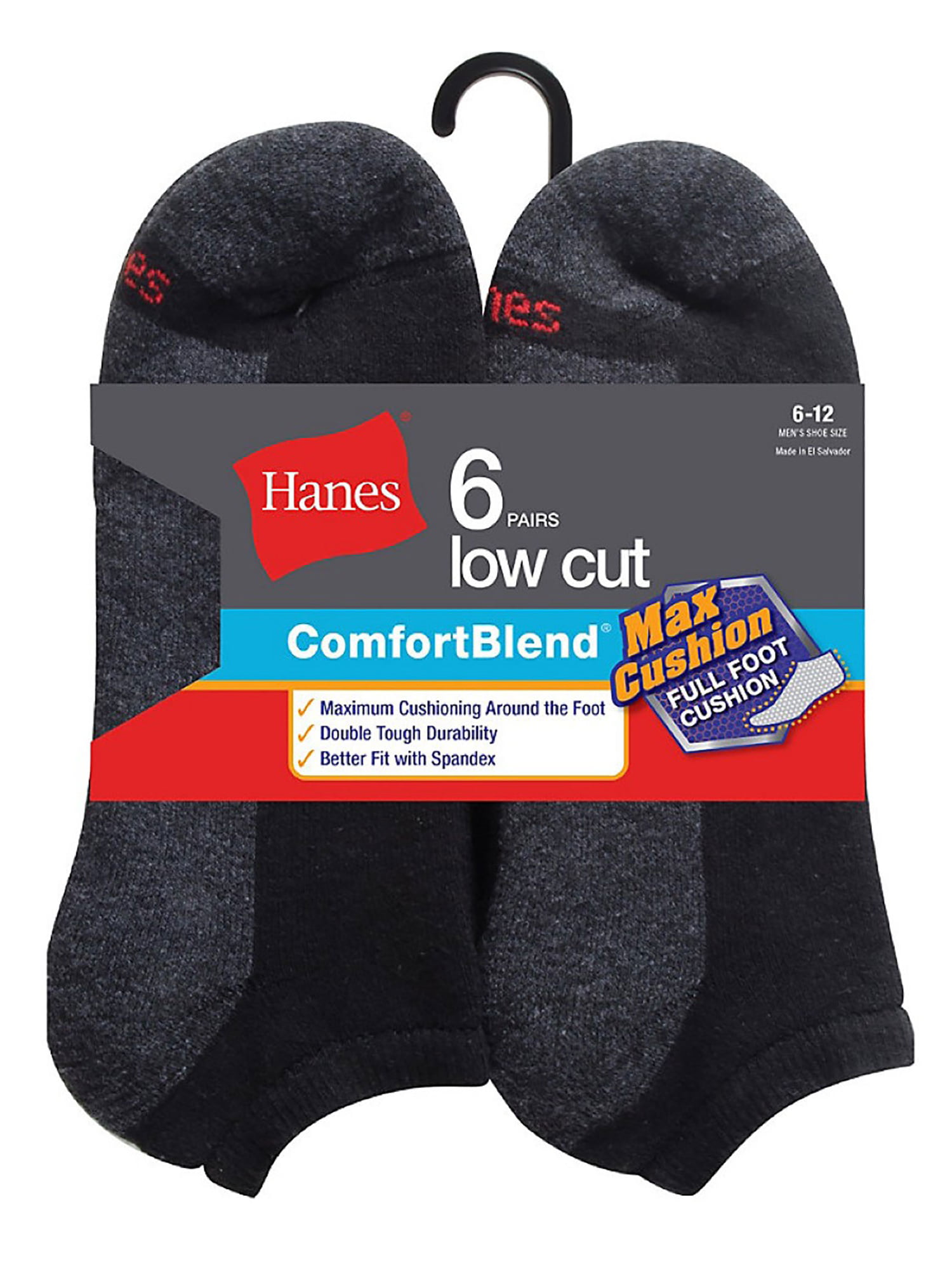 Hanes Mens ComfortBlend Max Cushion 6-Pack White Low Cut Socks