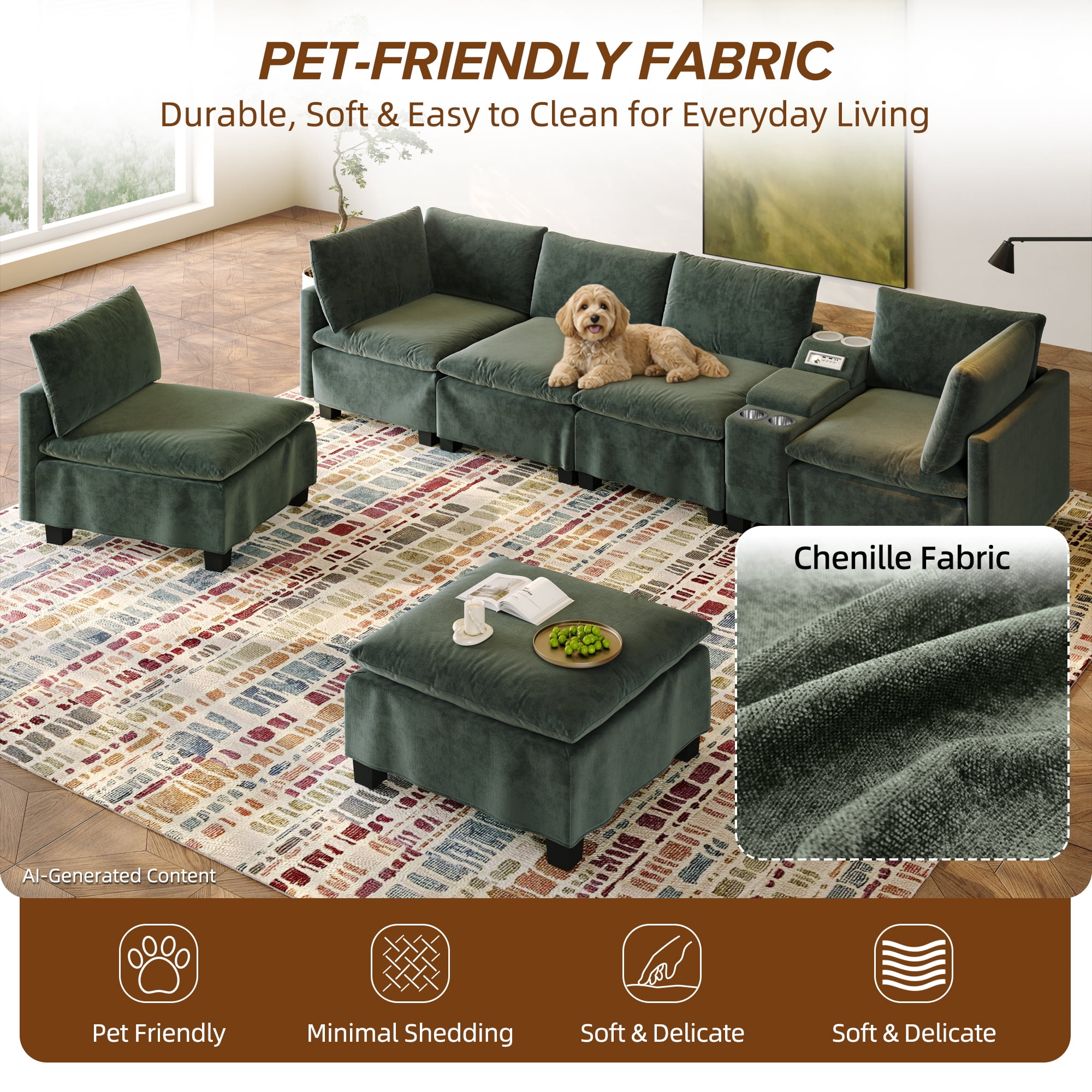 Howcool 121.2" Modular U-Shaped Sectional Sofa, 6-Seat Cloud Couch with Movable Ottoman, Convertible Sofa Bed, Chenille Couch with USB Charging, Cup Holders & Bluetooth Speaker for Living Room, Green