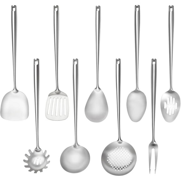 18/10 Stainless Steel Cooking Utensils Set,9 Pcs Professional All Metal Stainless Steel Kitchen Utensils Set with Wok Spatula,Soup Ladle,Skimmer,Slotted Spatula Turner, Large Spoon(Dishwasher Safe)