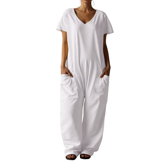 Women's V Neck Casual Jumpsuit Oversized Pocket Comfortable Loose Fit Solid Color Summer Outfit