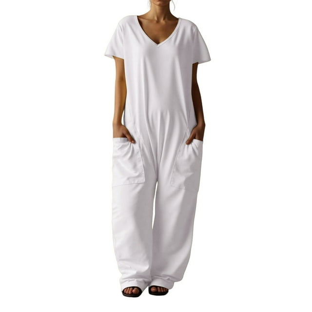 TrendOFT Combinaison une Pièce Femme Décontractée Été Ample Col en V Manches Courtes Confortable Poches Combinaisons une Pièce Blanc TG