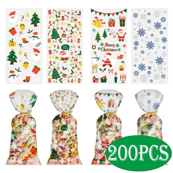 Christmas Candy Cellophane Bags Xmas Clear Candy Bags Cellophane Gift Bags with 200PCS Gold Twist Ties for Christmas Party Supplies