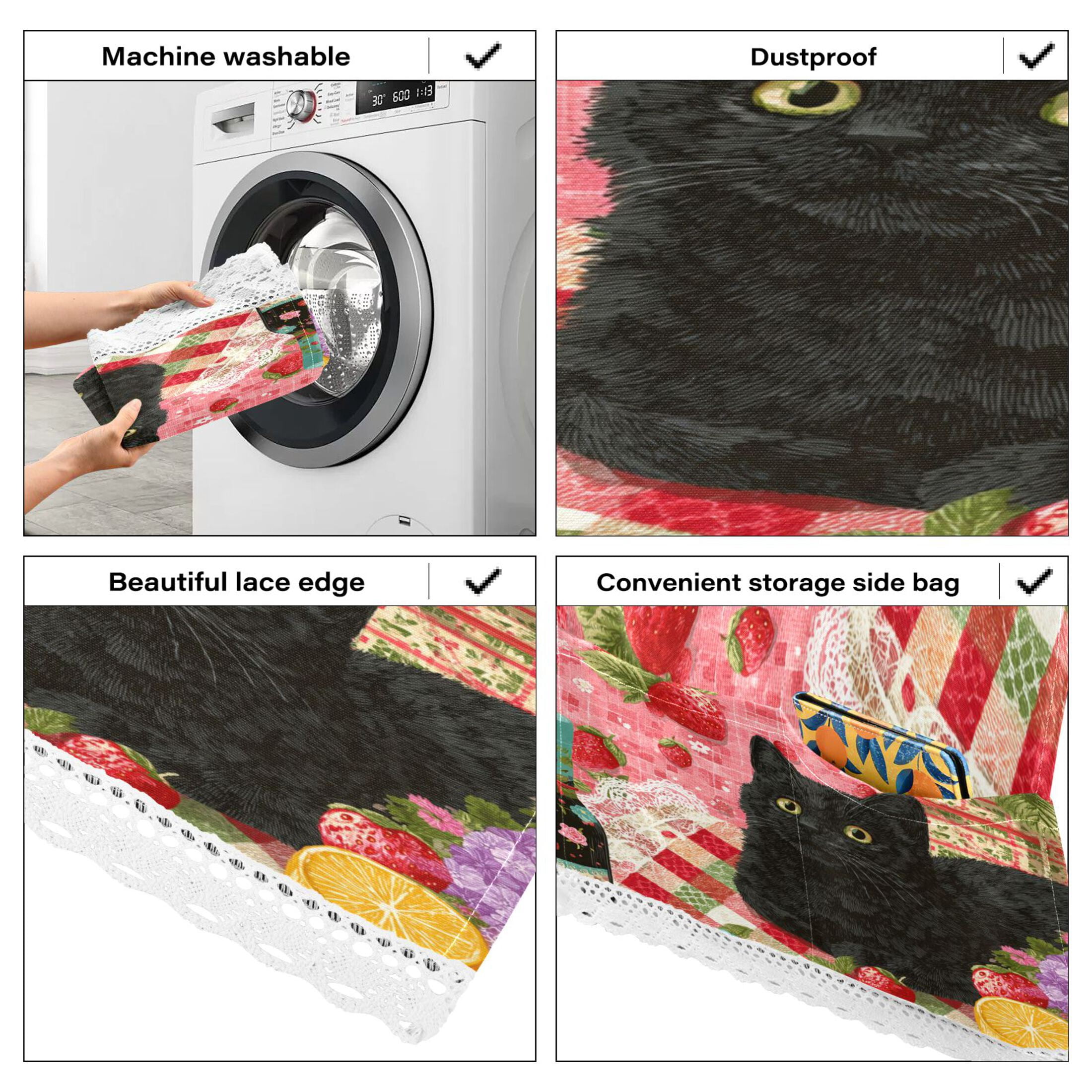 Wobogo Strawberry Black Cat Washing Machine Cover Dustproof Washer Dryer Cover Waterproof Laundry Room Decorative Protector
