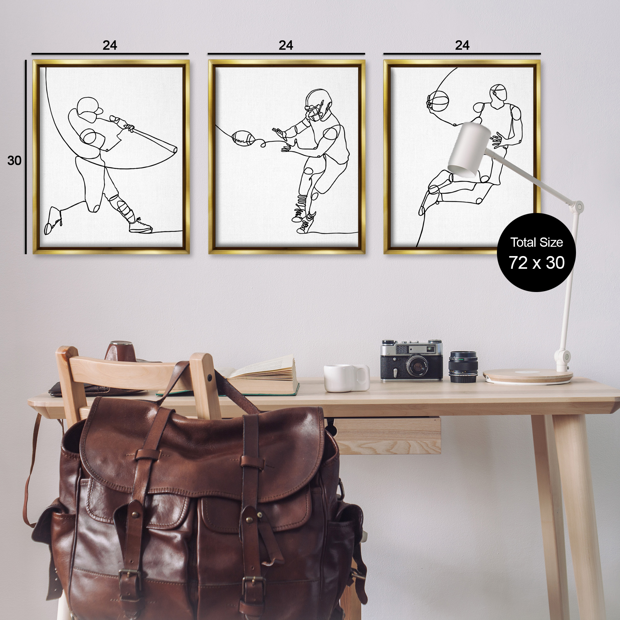 Stupell Industries Simple Line Doodle Playing Sports Sports Painting Gold Floater Framed Canvas Art Print Wall Art, 25 x 31, Set of 3