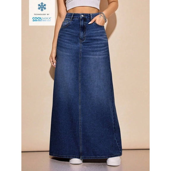 High-Waisted A-Line Maxi Denim Skirt With Pockets Dark Wash