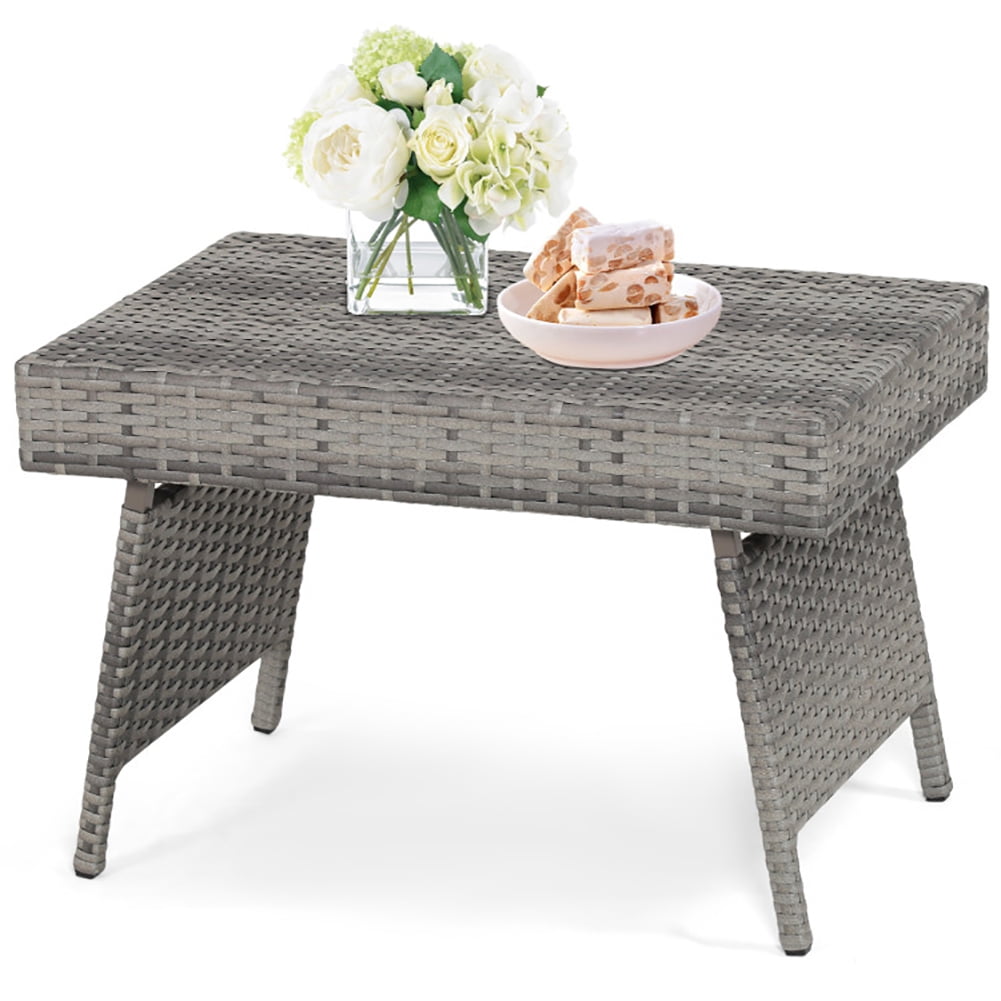 Aimee Lii Folding PE Rattan Side Coffee Table Patio Garden Furniture, Outdoor Patio Furniture, Gray