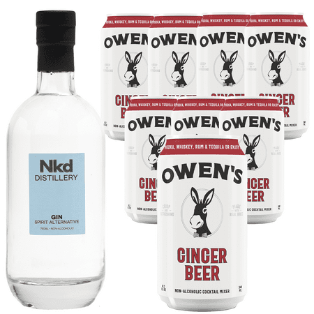 Nkd Distillery Gin Alternative Premium Non-Alcoholic Spirit 750 ML Bottles w Owen’s Mixers Ginger Beer 8.2 OZ Cans - Perfect for Mocktails - A