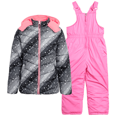 London Fog Girl's Heavyweight 2-piece Puffer Coat & Snow Bib Snowsuit Set 6x Pink Silver Foil London Fog Girl's Heavyweight 2-piece Puffer Coat & Snow Bib Snowsuit Set 6x Pink Silver Foil