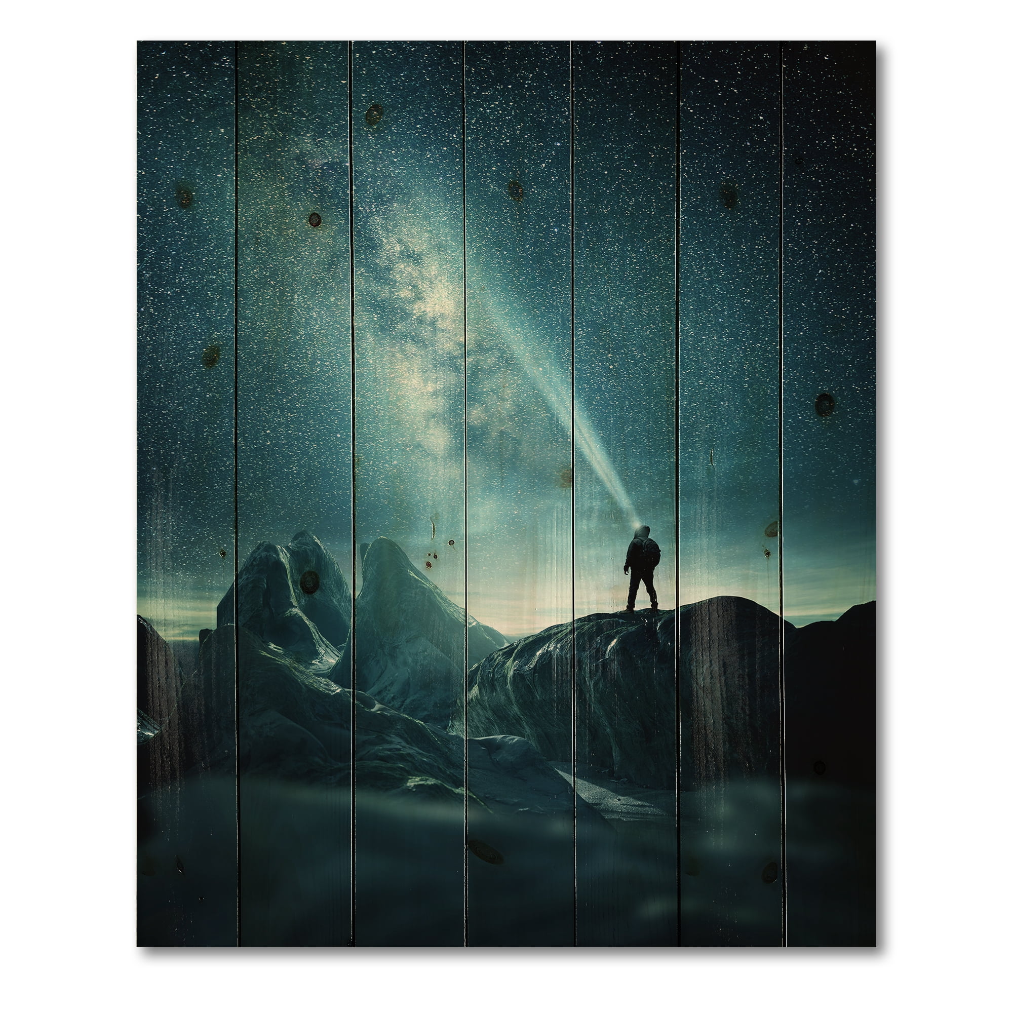 Designart 'A Light Shining by A Man Shining Into The Night Sky' Modern Print on Natural Pine Wood