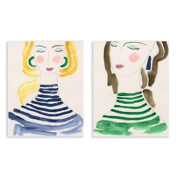 Stupell Industries Stylish Ladies in Stripes People Painting Unframed Art Print Wall Art, 11 x 14, Set of 2