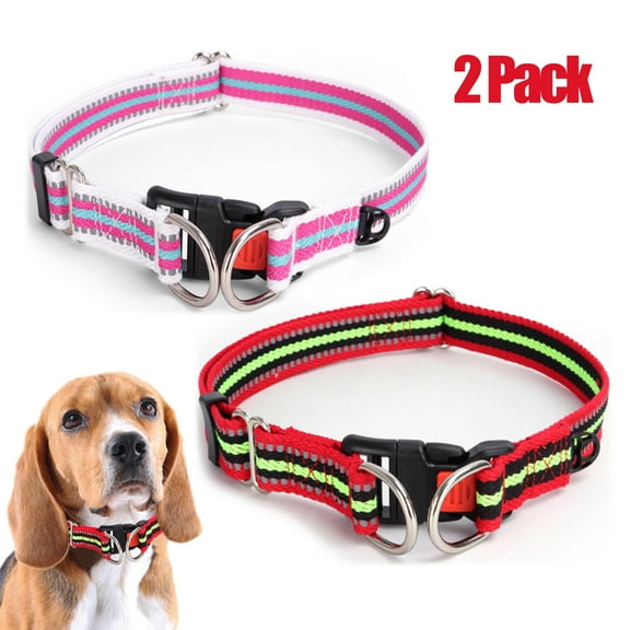 CHBORLESS 2 Pack Reflective Dog Collar with Lock Buckle Adjustable Nylon Pet Puppy Collar,Pink Red,S