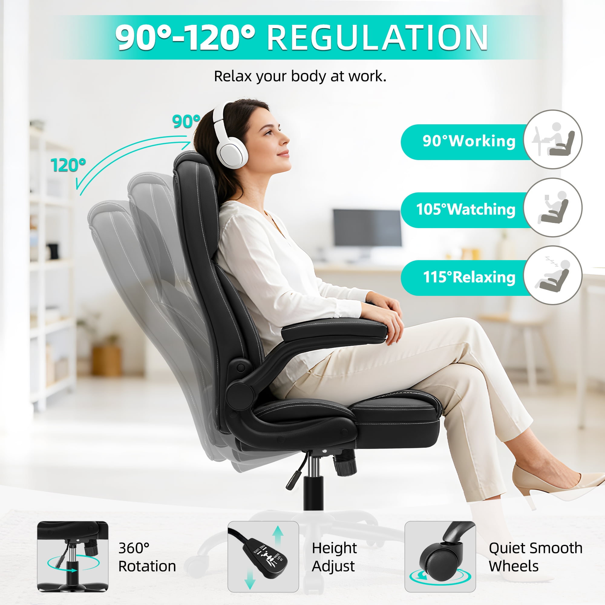 COOLHUT Bige and Tall Executive Office Chair 400lbs, Ergonomic PU Leather Computer Desk Chair with Flip-Up Armrests, Comfy Heavy Duty Office Chair for Home Office Gaming, Black