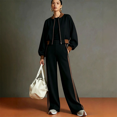 thumbnail image 4 of Women's 2 Piece Tracksuit Set Zip-Up Jacket Ribbed Baseball Collar Side Stripe Elastic Waist High Waisted Wide Leg Pants Relaxed Casual Outfit for Fall Winter Everyday Wear Black_#69 S, 4 of 4