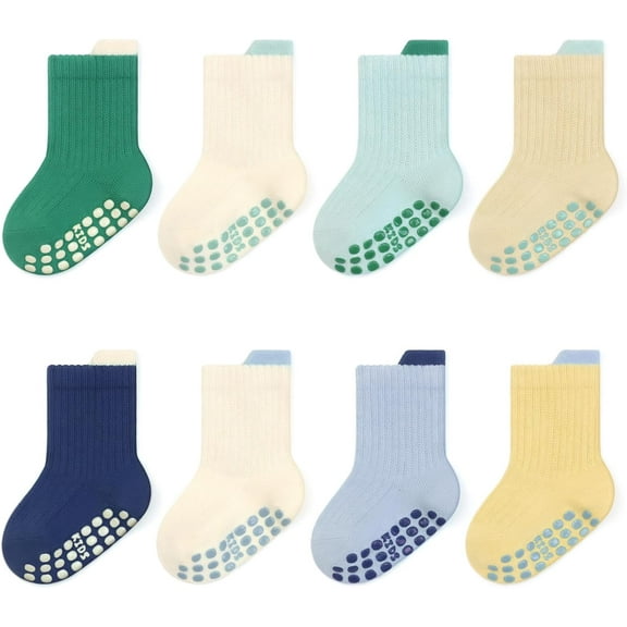 8 Pairs Toddler Non Slip Socks for Boys Girls, Baby Kids Cotton Seamless Crew Anti Skid Gripper Socks 0-5 Years Old